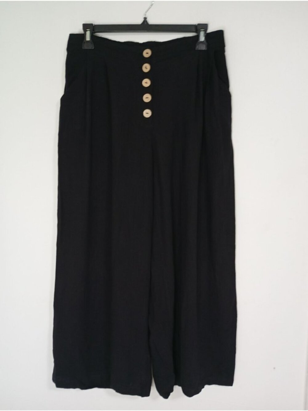 Elodie Wide-Leg Black Linen Blend Pants Button Detailing Pockets Womens Medium - Picture 1 of 12